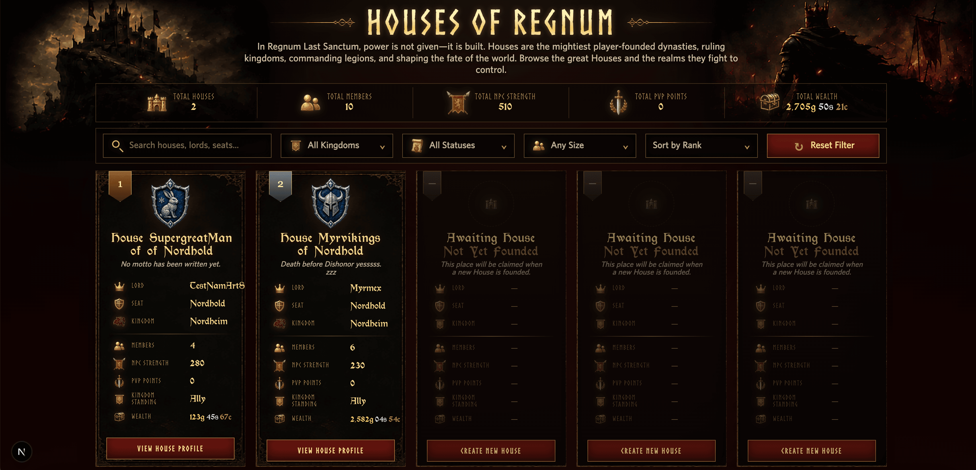 Start of Houses of Regnum