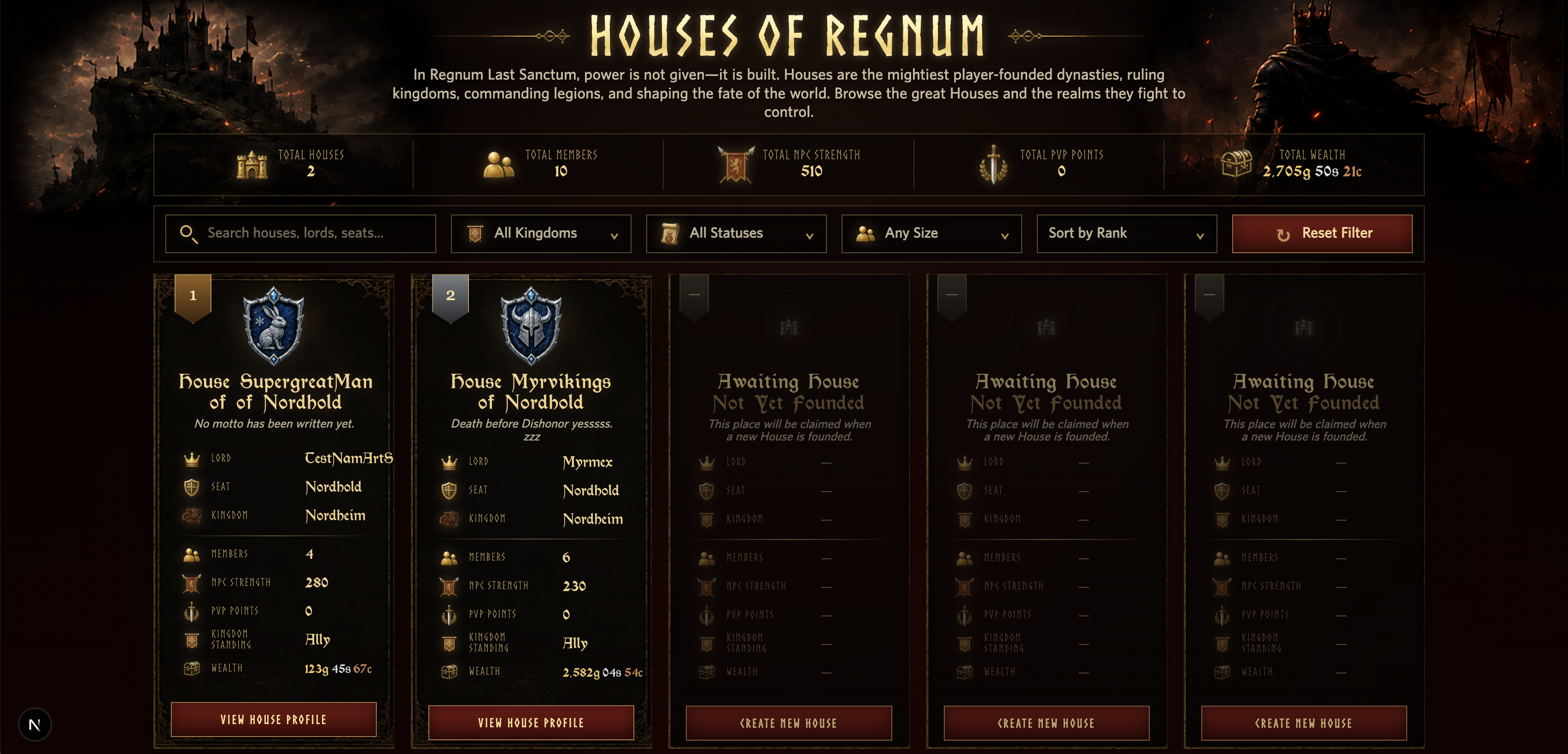 Start of Houses of Regnum
