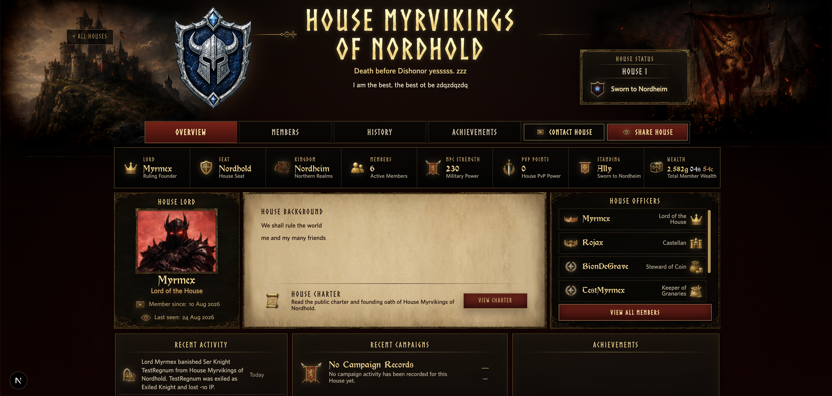 House profile screenshot from the Houses of Regnum update.
